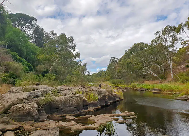 Barwon River Geelong with gum trees and rocky outcrop.