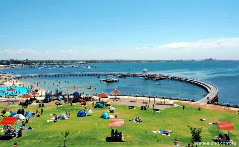 View of Eastern Beach Reserve, children's pool and Geelong Waterfront promenade.