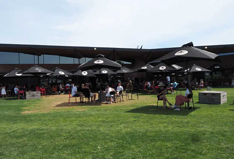 People enjoying cider under umbrellas on the lawns at the Flying Brick Cider House.