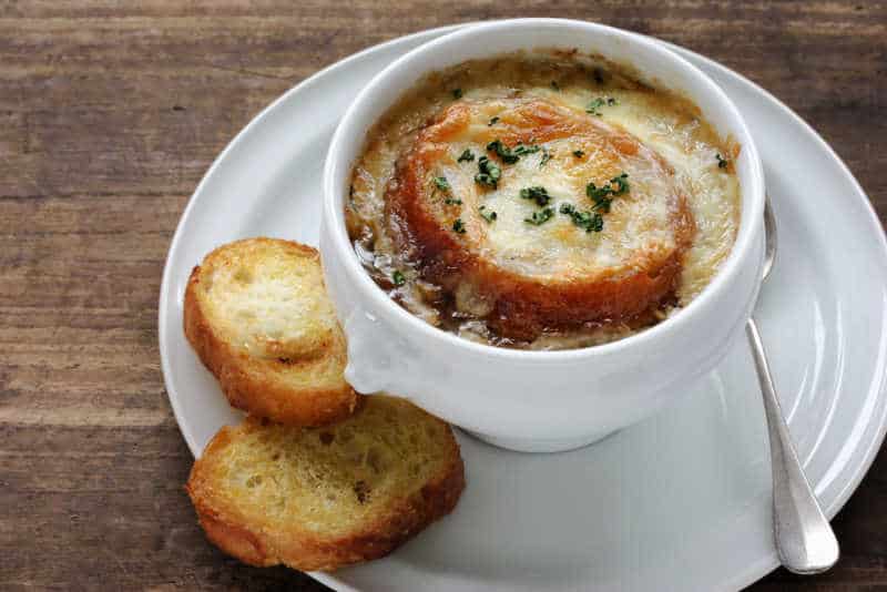 Soup and bread at a French restaurant in Geelong.