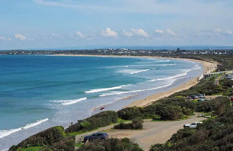 View of Ocean Grove Victoria including the beach surf and sky.