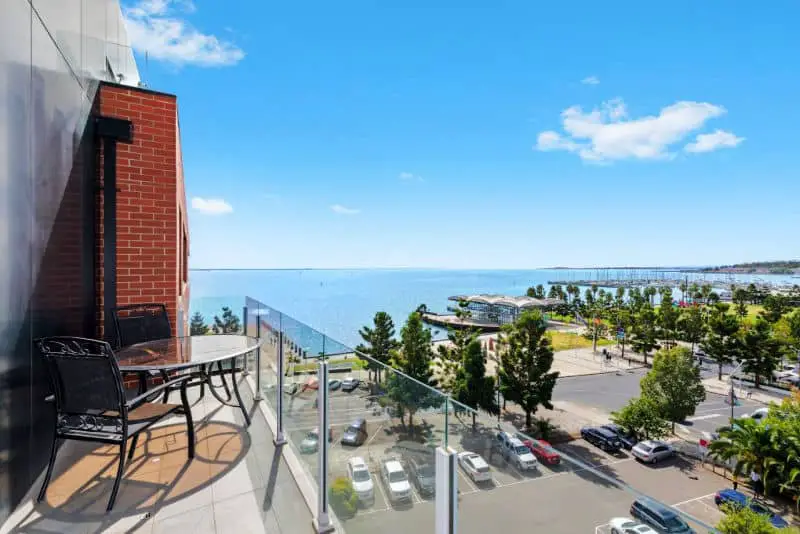 Balcony and water views from PierPoint 105 accommodation Geelong waterfront.