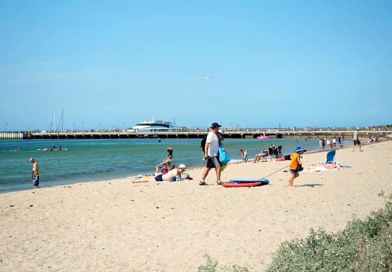 Portarlington beach and pier with the Port Phillip Ferry in the background.