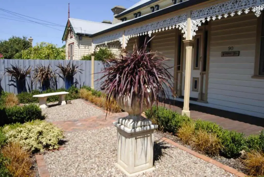 Front garden, verandah, and entrance at Sabina On Little Myers pet-friendly accommodation in Geelong. 