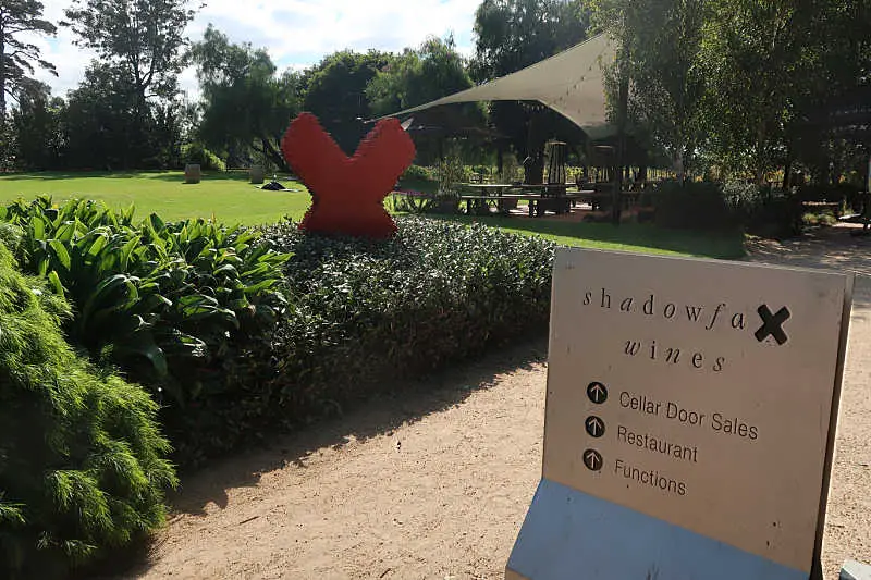 Photo of the Shadofax winery sign with green lawn and outdoor dining area in the background.