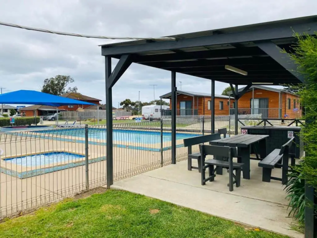 Outdoor area overlooking the pool at one of the popular caravan parks in Geelong.