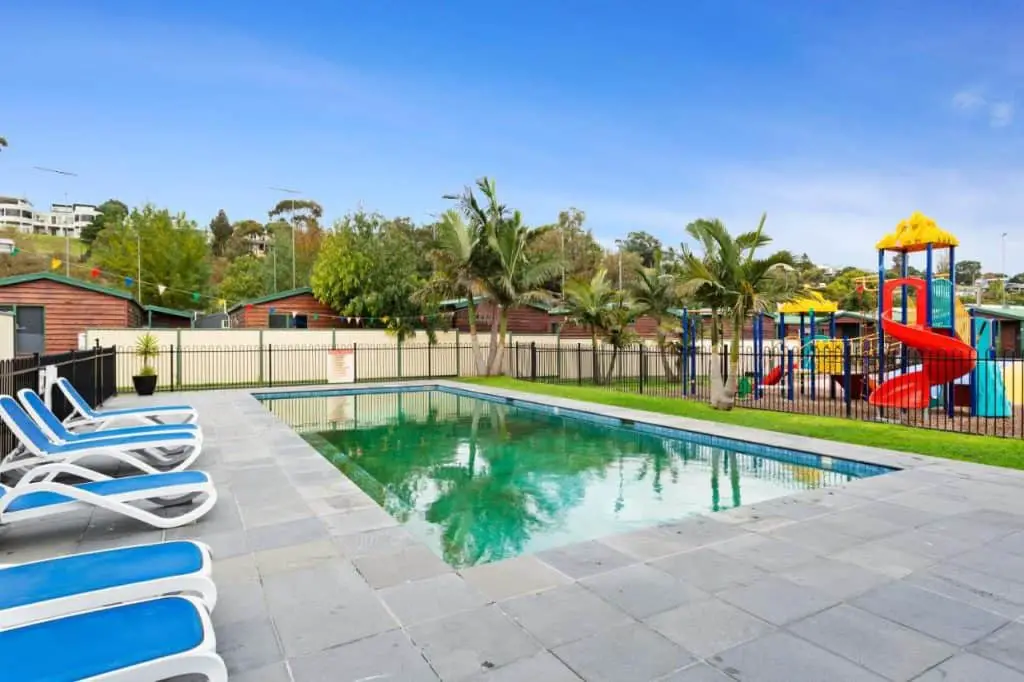 Pool area at Tasman Holiday Park a top Geelong caravan park.