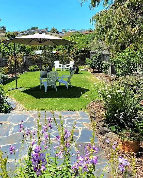Lush garden with paving and outdoor seating with an umbrella at The Cosy Bungalow Portarlington Vic accommodation.