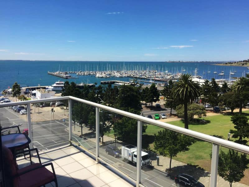 Ocean views from Geelong Waterfront Penthouse accommodation balcony.