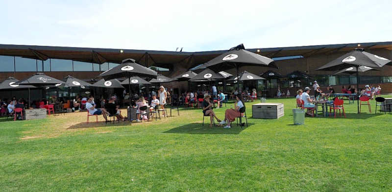 People relaxing outside drinking Yes Said The Seal wine at the Flying Brick Cider House